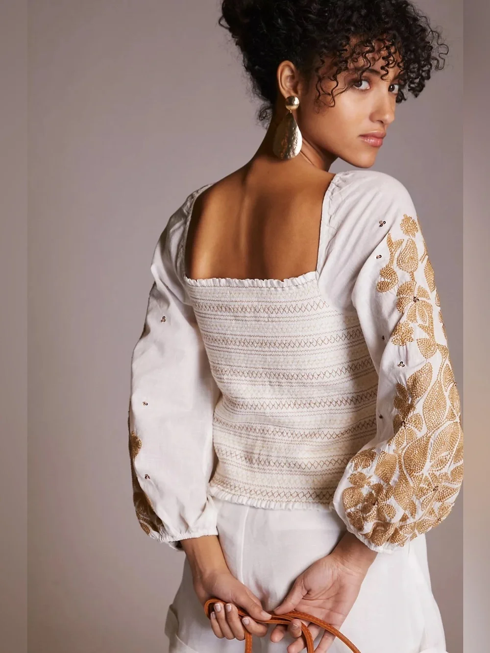 Anthropologie Embroidered Smocked Puff Sleeve Crop Top Ivory Gold Floral 2X